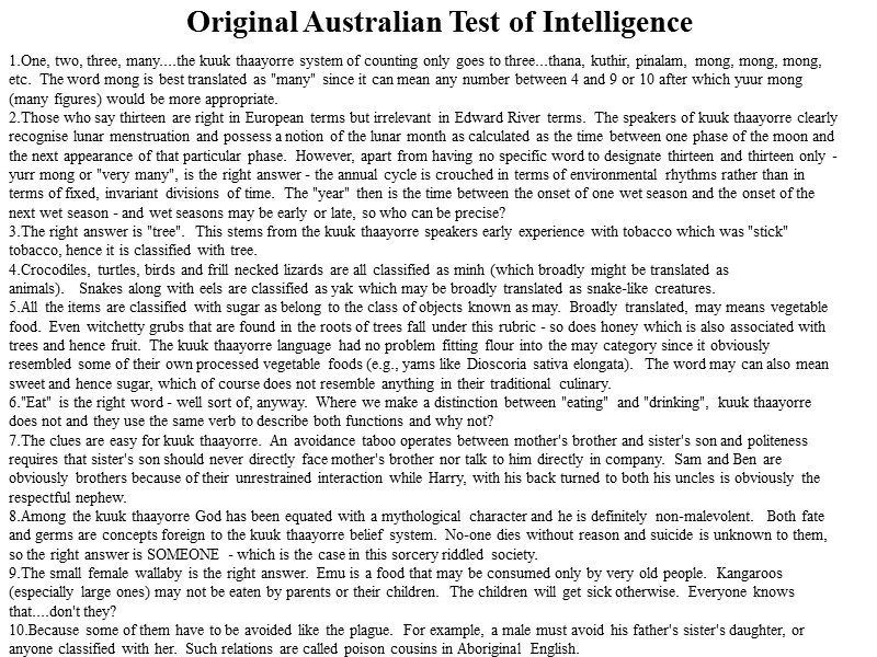 Original Australian Test of Intelligence One, two, three, many....the kuuk thaayorre system of counting